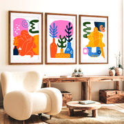 Colorful Abstract Wall Art Matisse Inspired Modern Set of 3 - Dark Brown Framed Poster with White Border - Artworksets