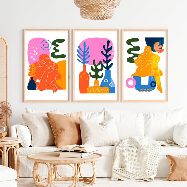 Colorful Abstract Wall Art Matisse Inspired Modern Set of 3 - Natural Wood Framed Poster No Border - Artworksets