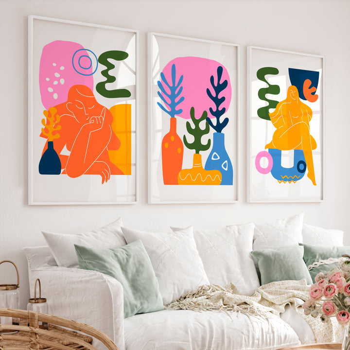 Colorful Abstract Wall Art Matisse Inspired Modern Set of 3 - White Framed Poster No Border - Artworksets