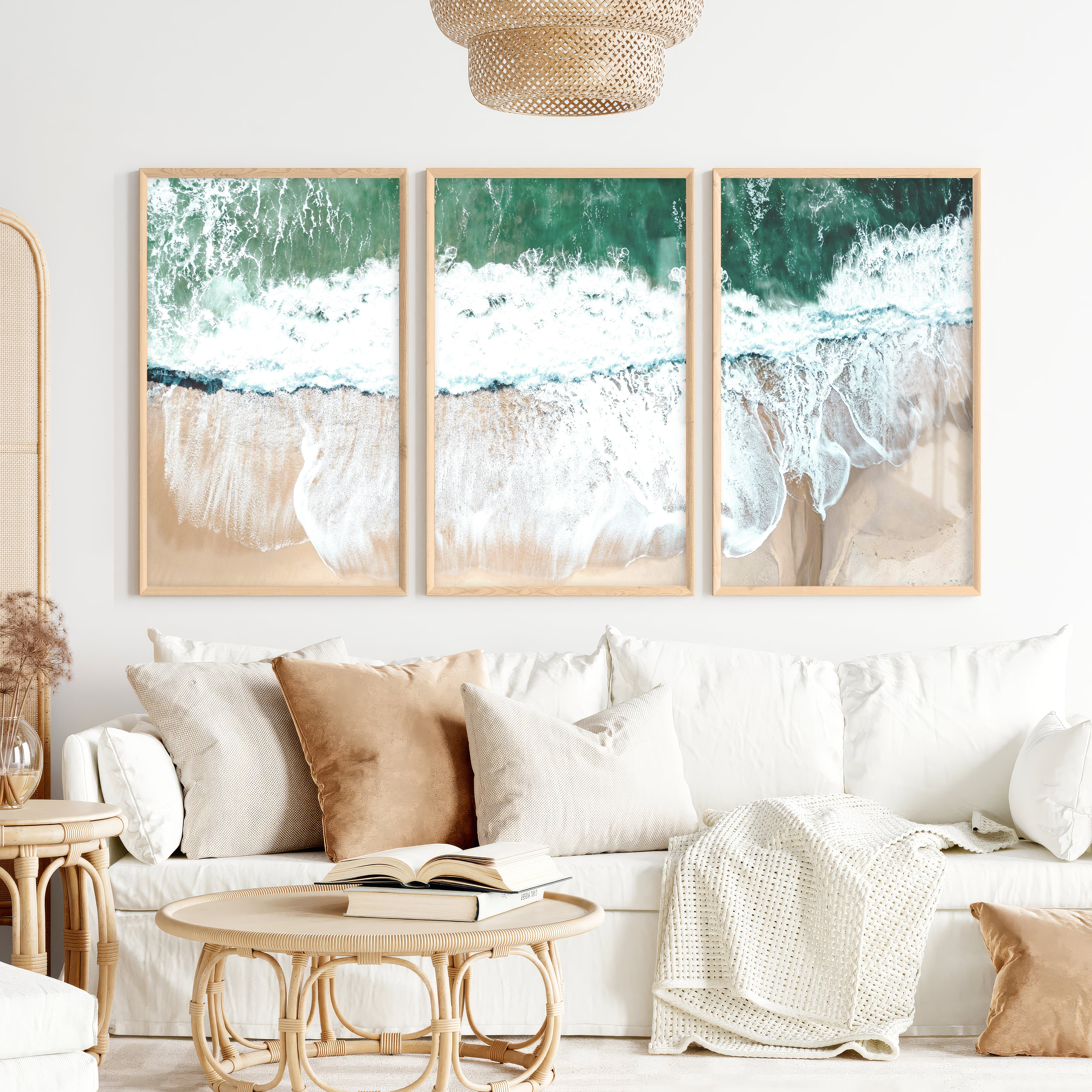 Foamy Shoreline Cool Beach Wall Art - Natural Wood Framed Poster No Border - Artworksets