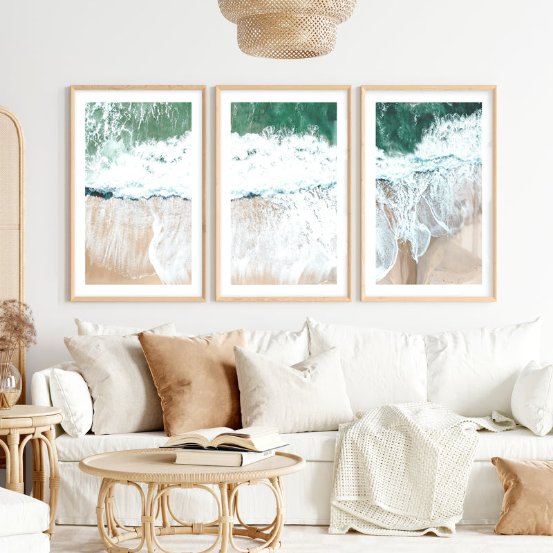 Foamy Shoreline Cool Beach Wall Art- Natural Wood Framed Poster with White Border - Artworksets