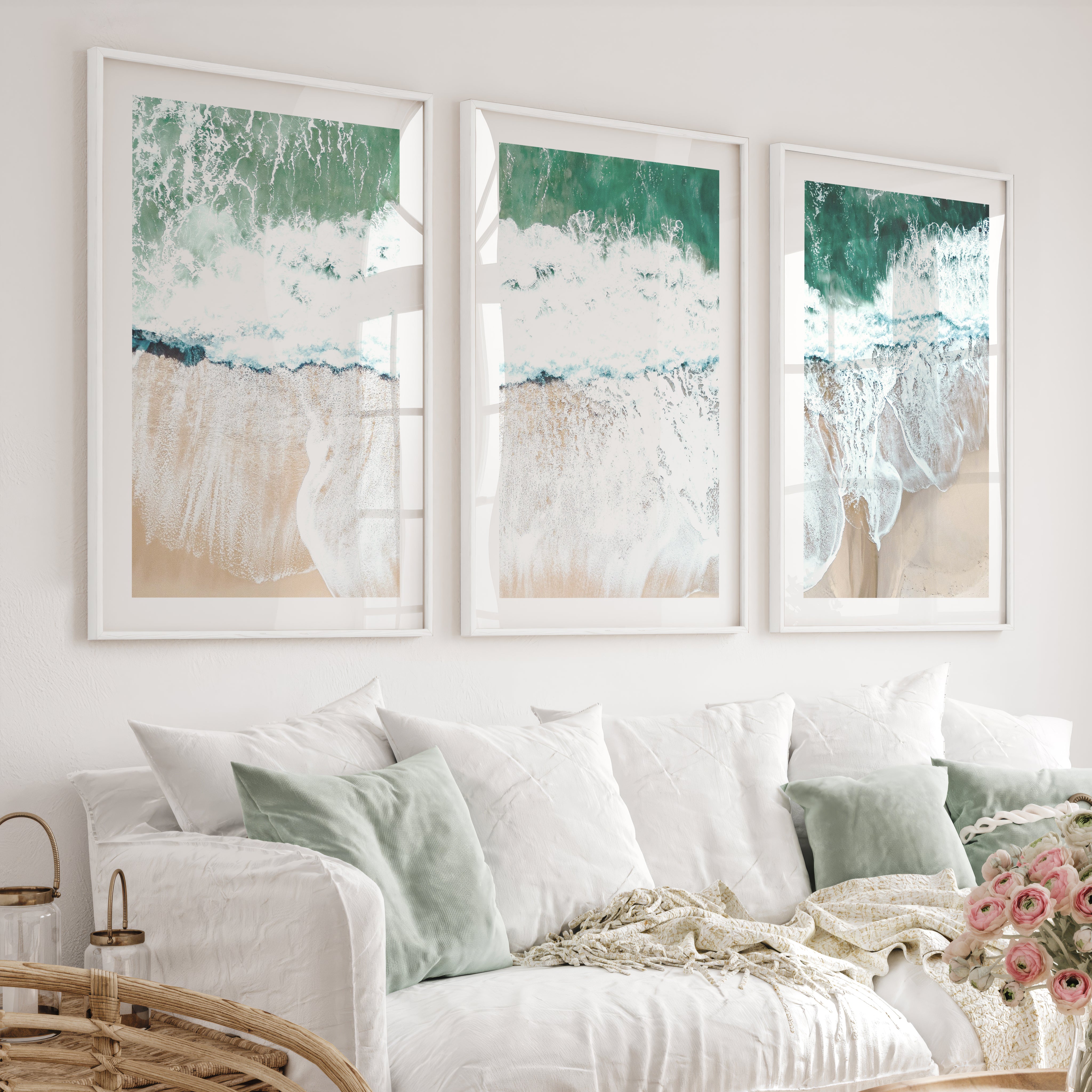 Foamy Shoreline Cool Beach Wall Art - White Framed Poster with White Border - Artworksets