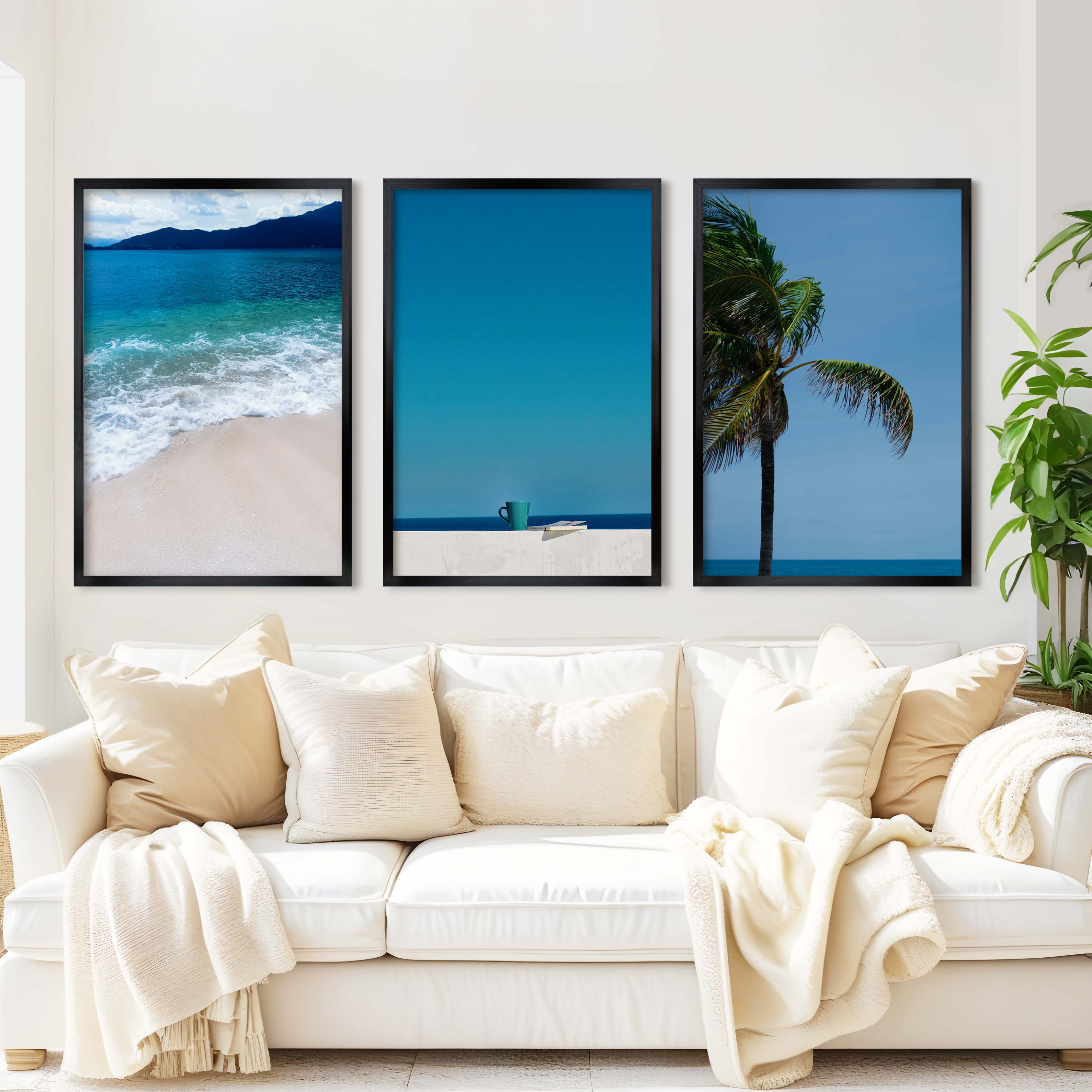 Cool Beach Wall Art – Minimalist Ocean Decor (Set of 3) - Black Framed Poster No Border - Artworksets