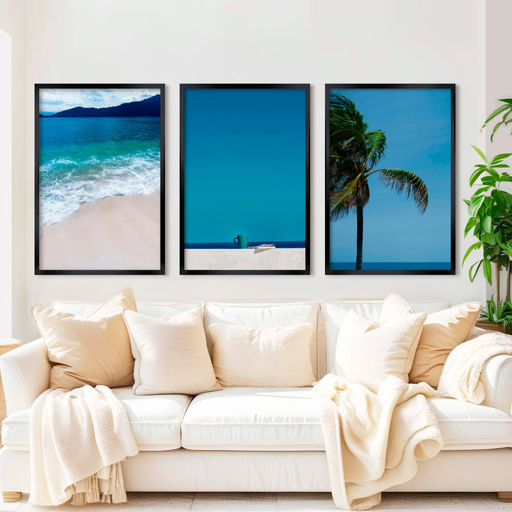 Cool Beach Wall Art – Minimalist Ocean Decor (Set of 3) - Black Framed Poster No Border - Artworksets