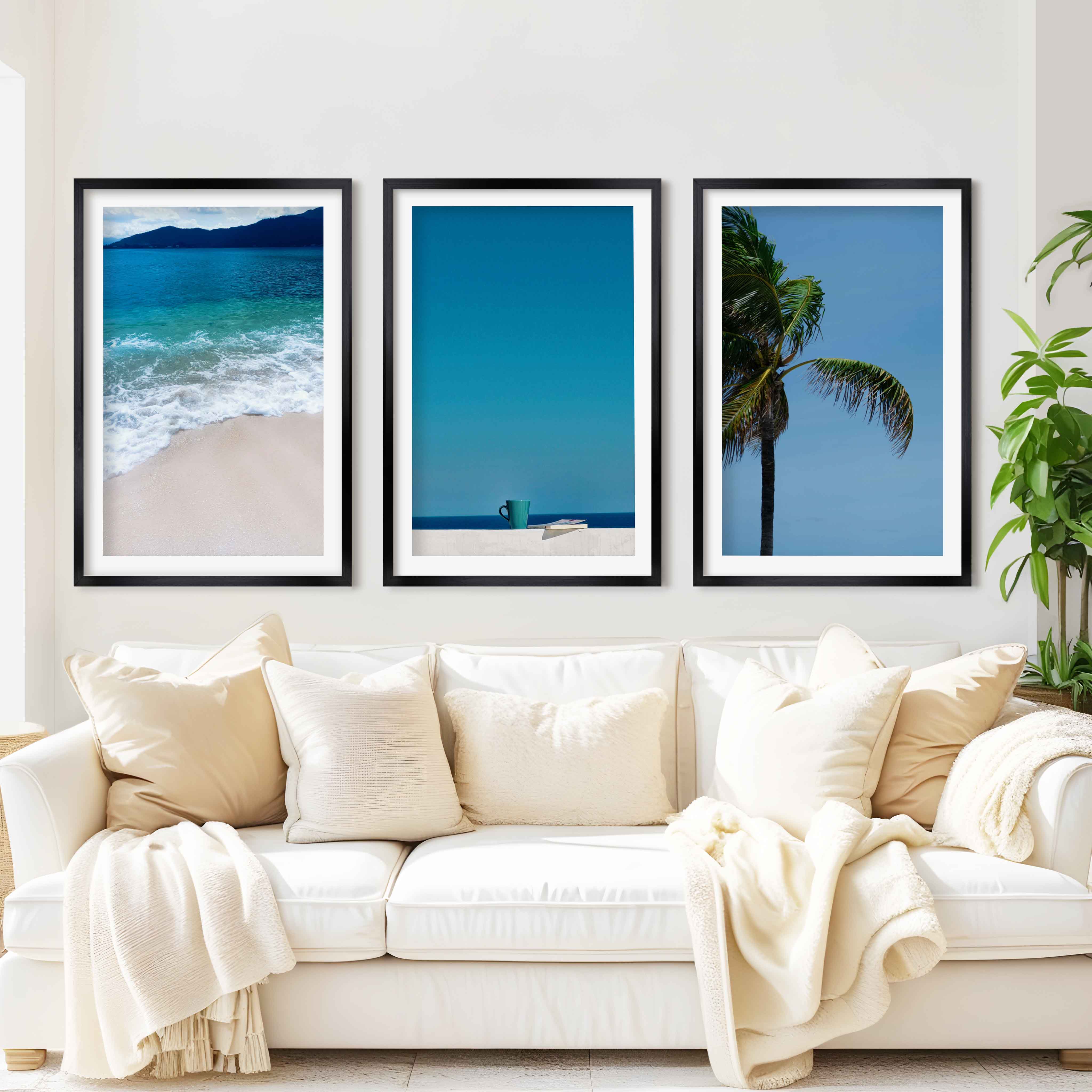 Cool Beach Wall Art – Minimalist Ocean Decor (Set of 3) - Black Framed Poster with White Border - Artworksets