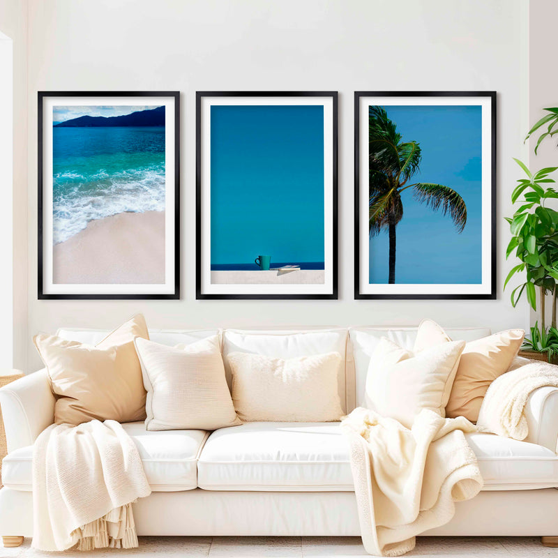 Cool Beach Wall Art – Minimalist Ocean Decor (Set of 3) - Black Framed Poster with White Border - Artworksets