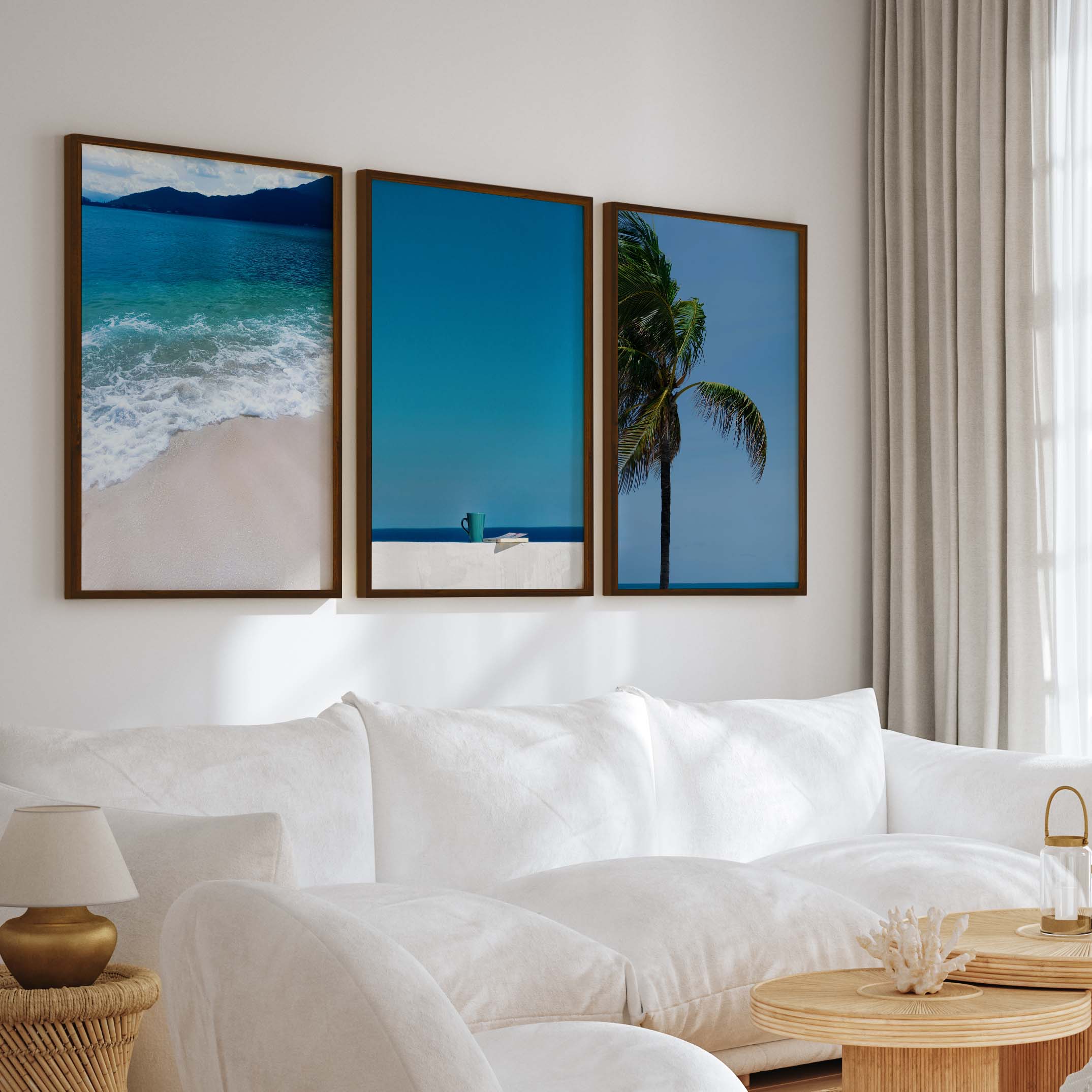 Cool Beach Wall Art – Minimalist Ocean Decor (Set of 3) - Dark Brown Framed Poster No Border - Artworksets