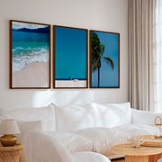 Cool Beach Wall Art – Minimalist Ocean Decor (Set of 3) - Dark Brown Framed Poster No Border - Artworksets