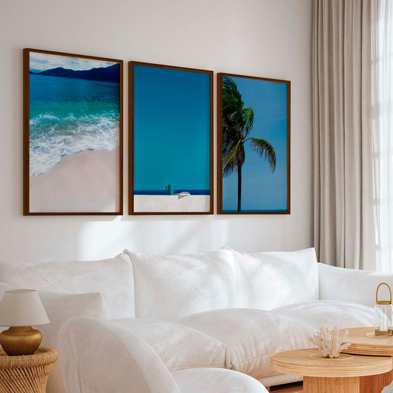 Cool Beach Wall Art – Minimalist Ocean Decor (Set of 3) - Dark Brown Framed Poster No Border - Artworksets