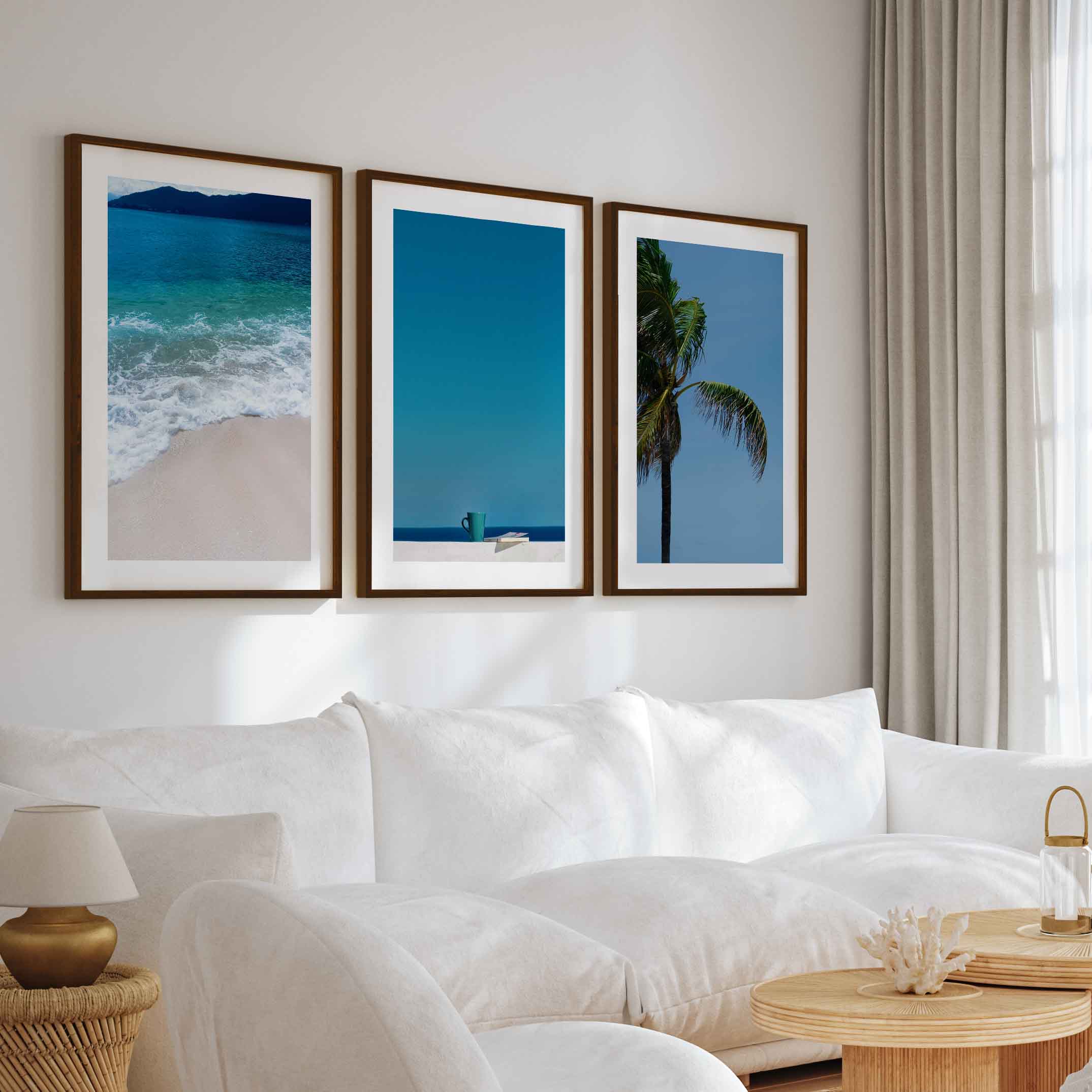 Cool Beach Wall Art – Minimalist Ocean Decor (Set of 3) - Dark Brown Framed Poster with White Border - Artworksets