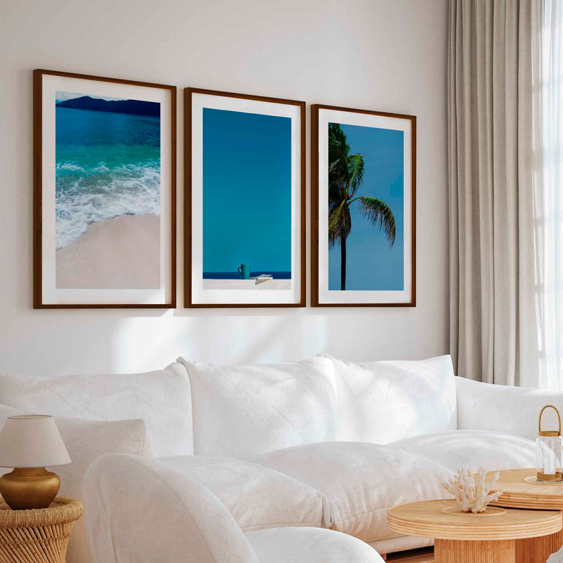 Cool Beach Wall Art – Minimalist Ocean Decor (Set of 3) - Dark Brown Framed Poster with White Border - Artworksets