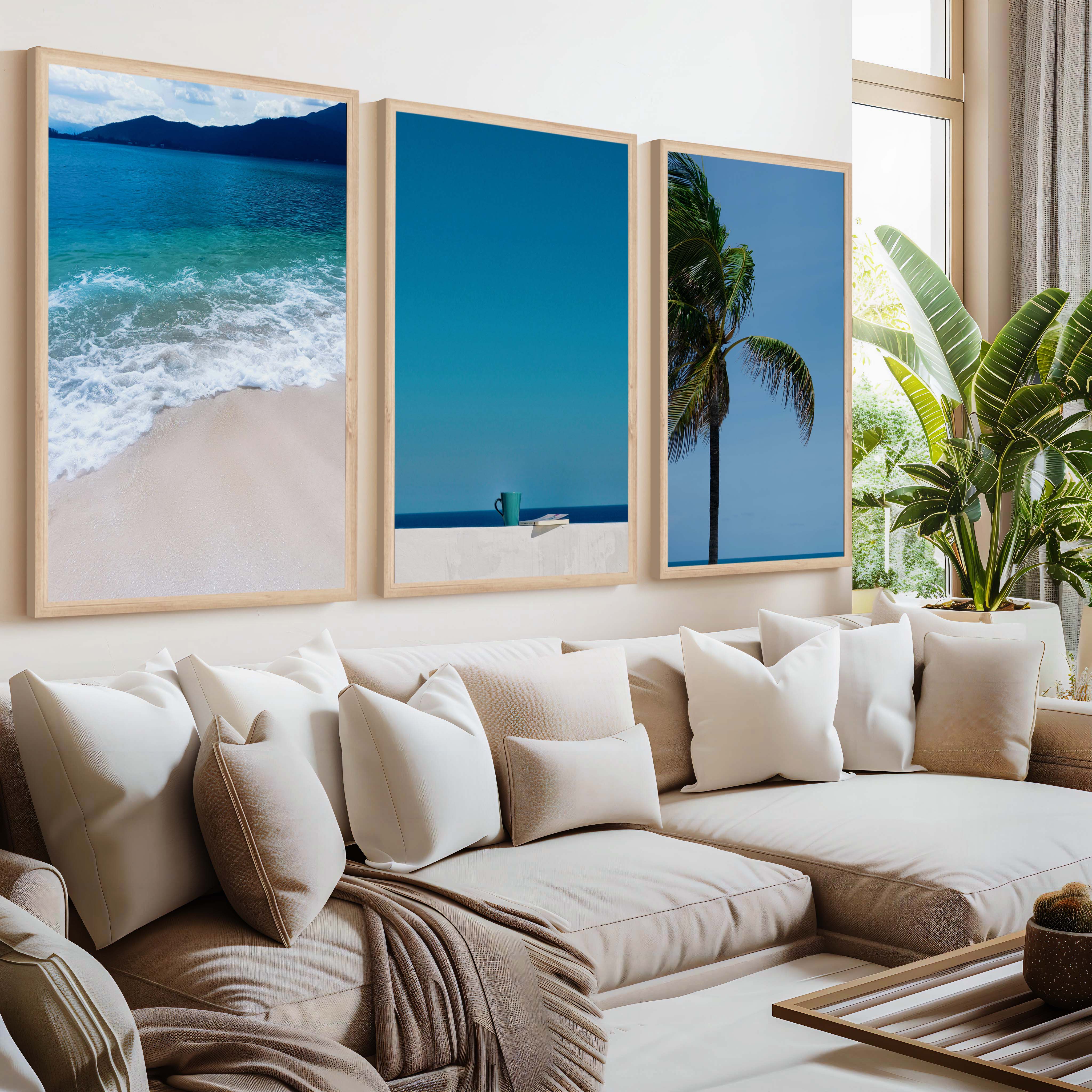 Cool Beach Wall Art – Minimalist Ocean Decor (Set of 3) - Natural Wood Framed Poster No Border - Artworksets