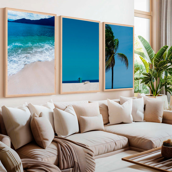 Cool Beach Wall Art – Minimalist Ocean Decor (Set of 3) - Natural Wood Framed Poster No Border - Artworksets
