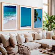 Cool Beach Wall Art – Minimalist Ocean Decor (Set of 3)- Natural Wood Framed Poster with White Border - Artworksets