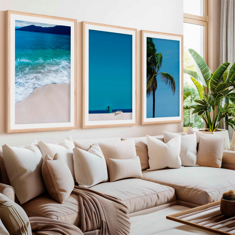Cool Beach Wall Art – Minimalist Ocean Decor (Set of 3)- Natural Wood Framed Poster with White Border - Artworksets