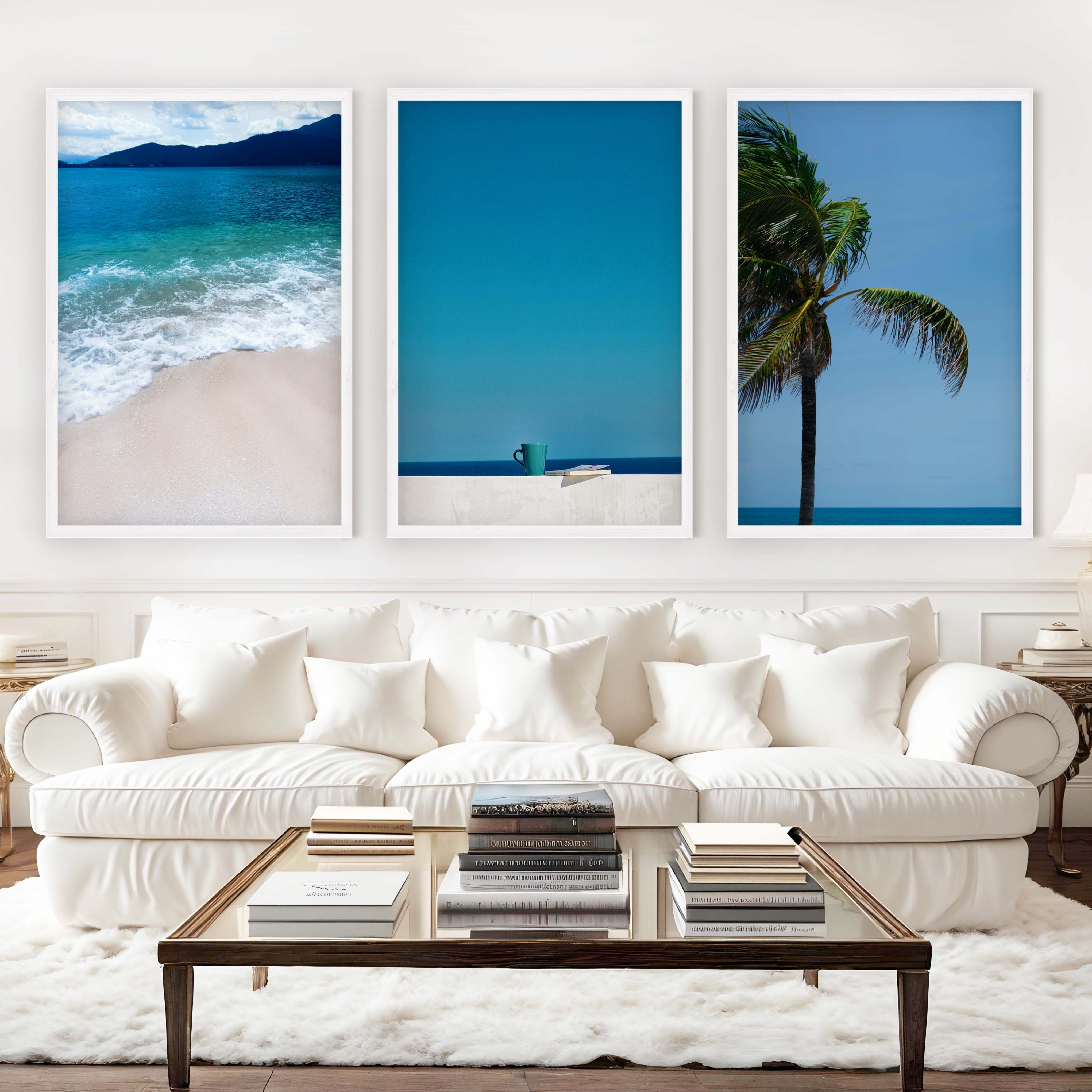 Cool Beach Wall Art – Minimalist Ocean Decor (Set of 3) - White Framed Poster No Border - Artworksets