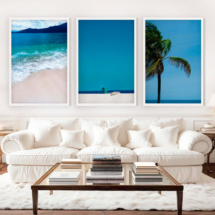 Cool Beach Wall Art – Minimalist Ocean Decor (Set of 3) - White Framed Poster No Border - Artworksets
