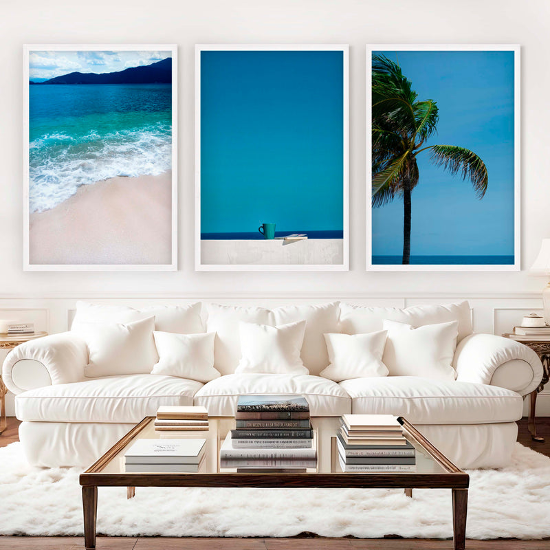Cool Beach Wall Art – Minimalist Ocean Decor (Set of 3) - White Framed Poster No Border - Artworksets