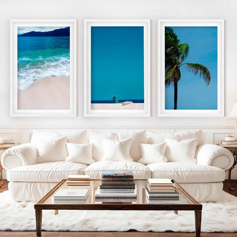 Cool Beach Wall Art – Minimalist Ocean Decor (Set of 3) - White Framed Poster with White Border - Artworksets
