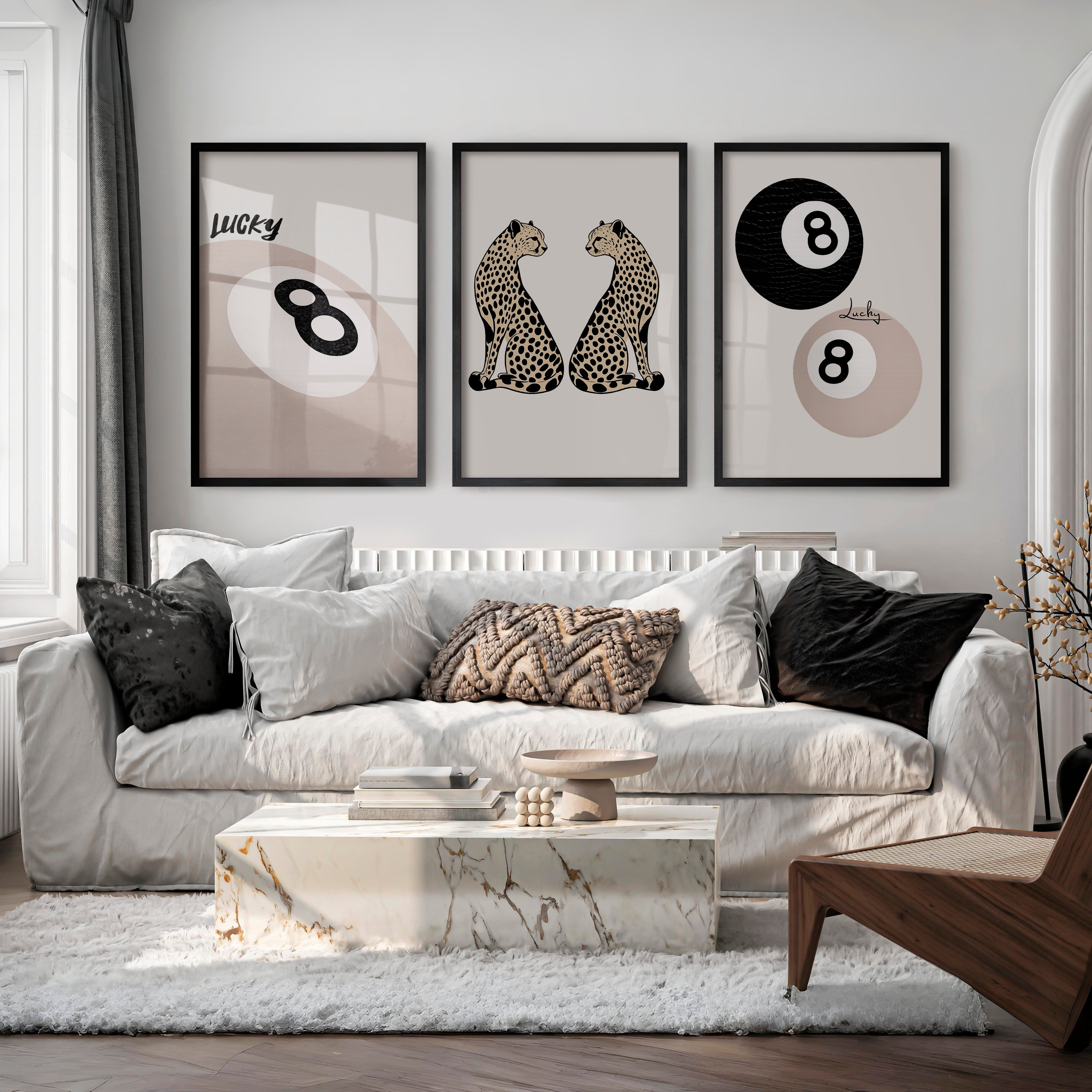 Lucky Cheetahs cool retro artwork with 8 Ball Detail - Black Framed Poster No Border - Artworksets