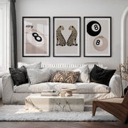 Lucky Cheetahs cool retro artwork with 8 Ball Detail - Black Framed Poster with White Border - Artworksets