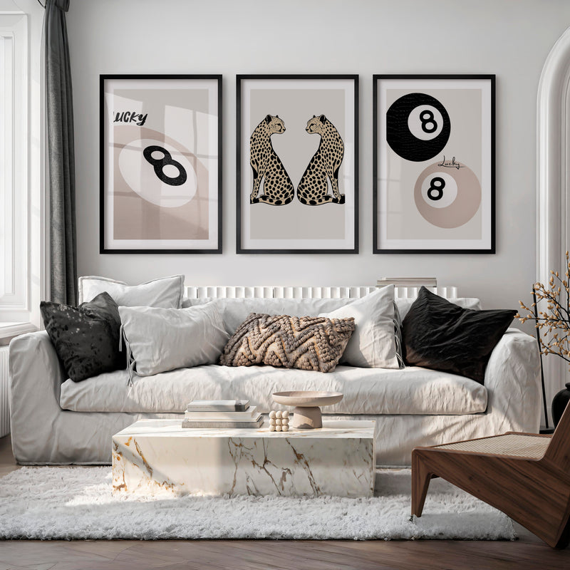 Lucky Cheetahs cool retro artwork with 8 Ball Detail - Black Framed Poster with White Border - Artworksets