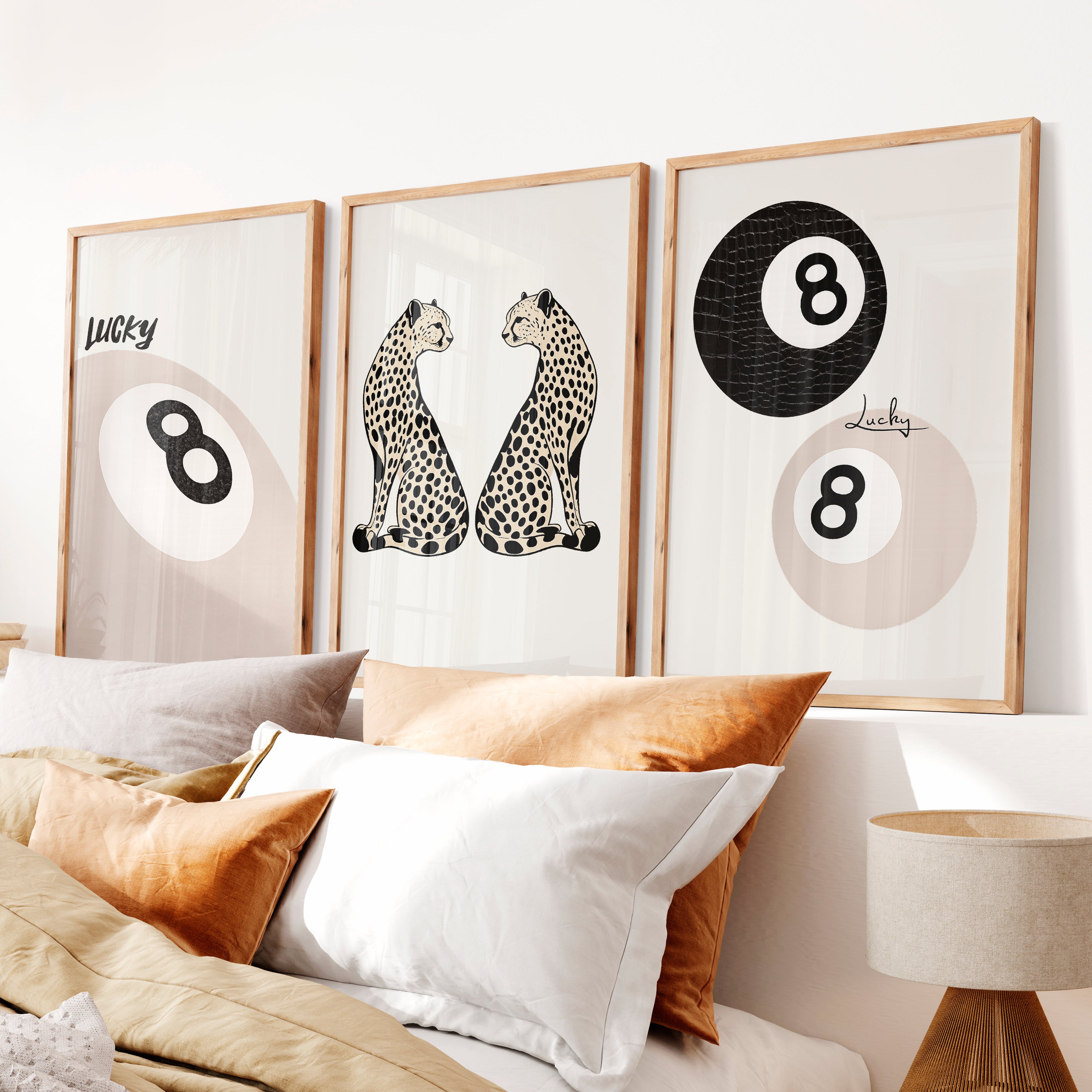 Lucky Cheetahs cool retro artwork with 8 Ball Detail - Natural Wood Framed Poster No Border - Artworksets