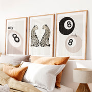 Lucky Cheetahs cool retro artwork with 8 Ball Detail- Natural Wood Framed Poster with White Border - Artworksets