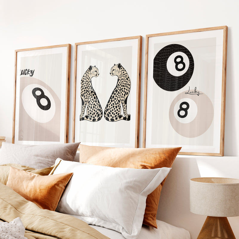 Lucky Cheetahs cool retro artwork with 8 Ball Detail- Natural Wood Framed Poster with White Border - Artworksets
