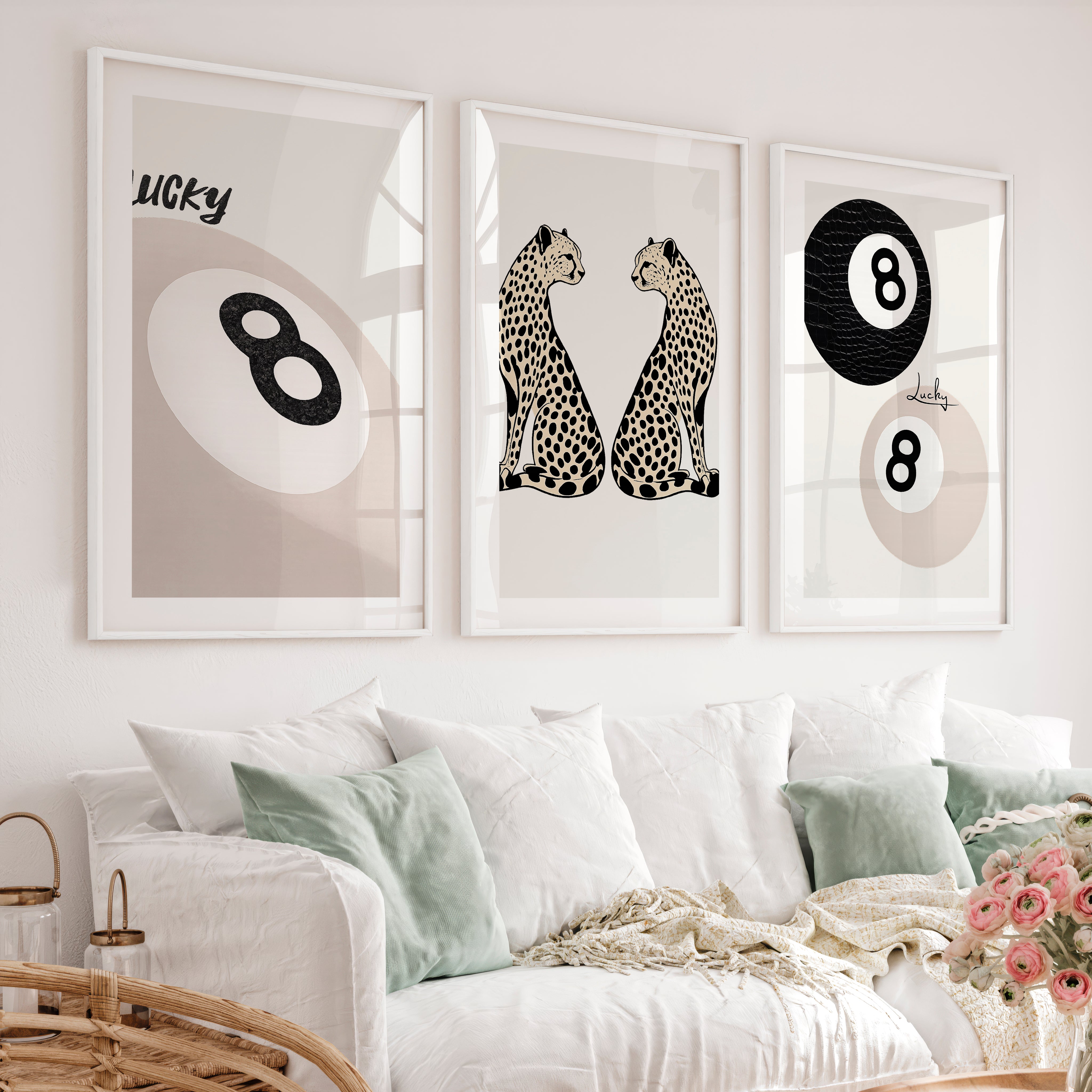 Lucky Cheetahs cool retro artwork with 8 Ball Detail - White Framed Poster with White Border - Artworksets