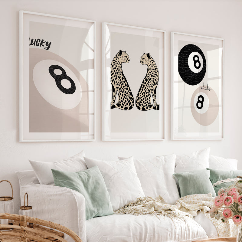 Lucky Cheetahs cool retro artwork with 8 Ball Detail - White Framed Poster with White Border - Artworksets