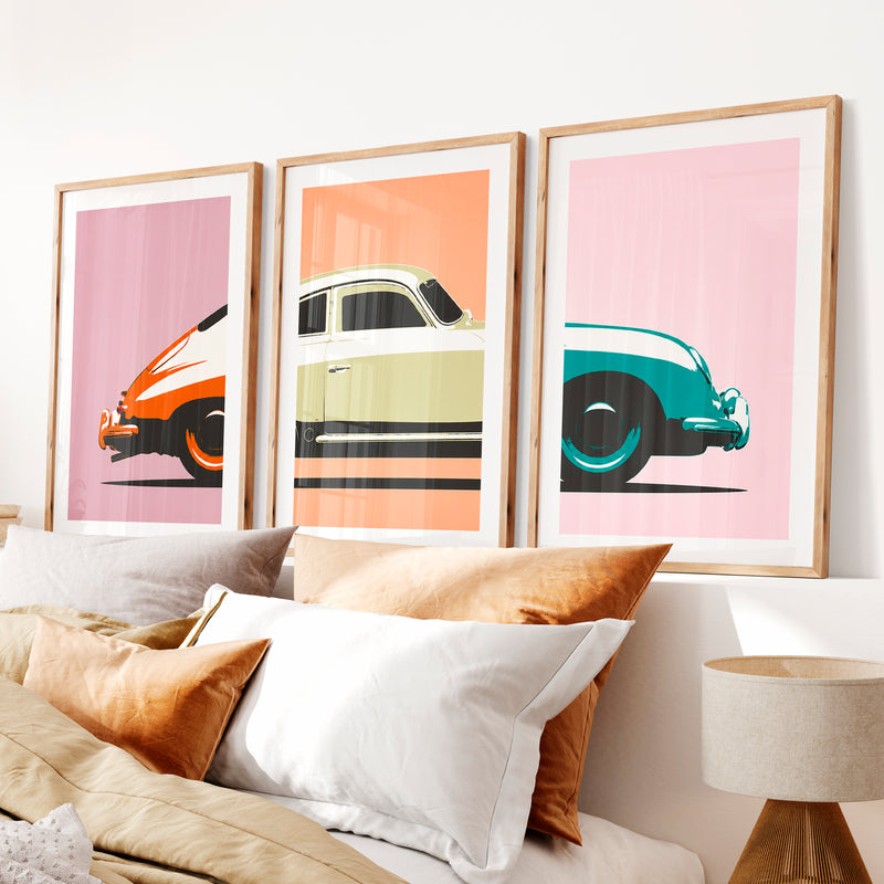 Classic Sports Car Cool Retro Wall Art- Natural Wood Framed Poster with White Border - Artworksets