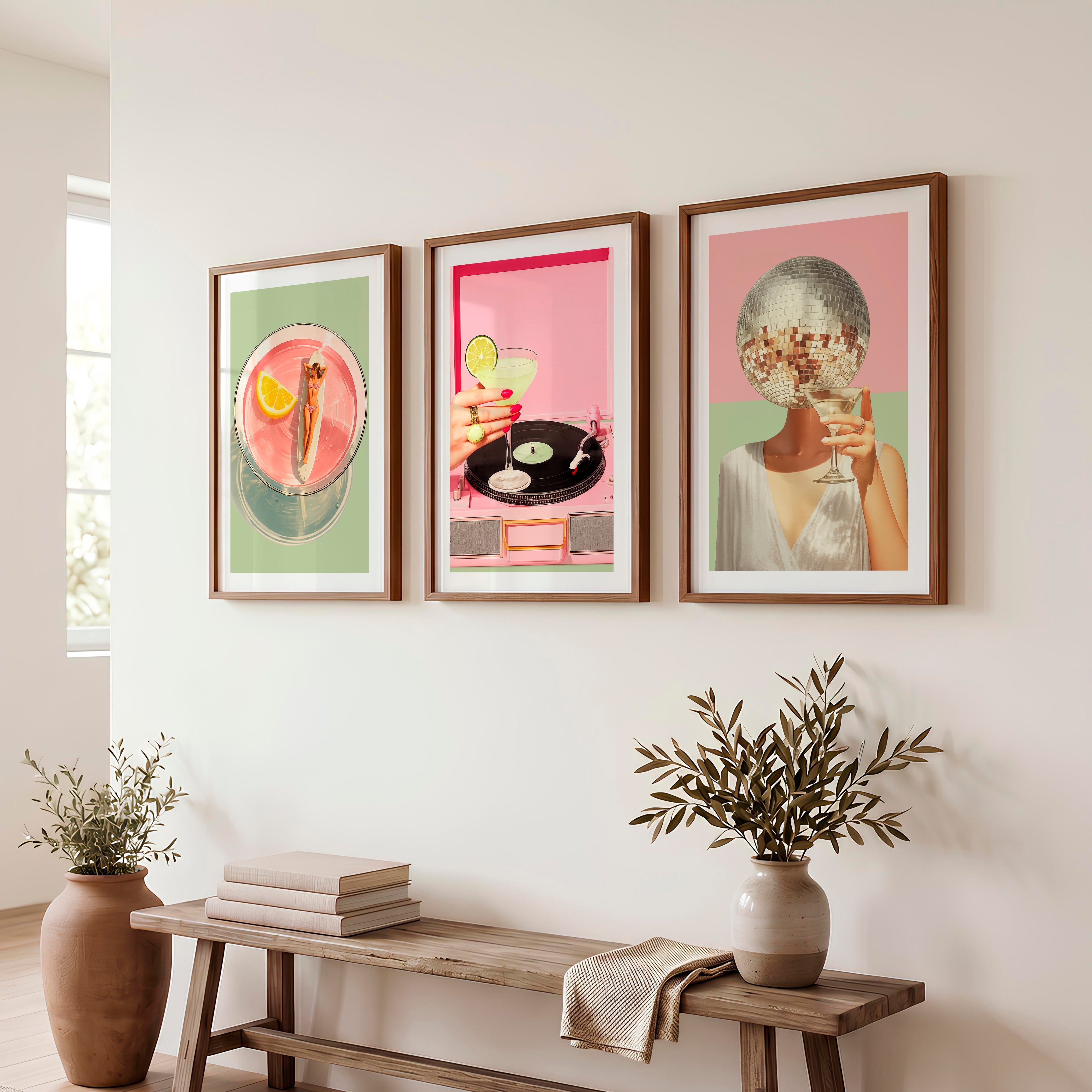 Cocktails and Disco cool retro wall art - Dark Brown Framed Poster with White Border - Artworksets