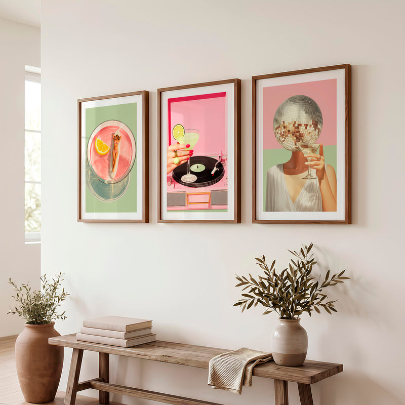 Cocktails and Disco cool retro wall art - Dark Brown Framed Poster with White Border - Artworksets