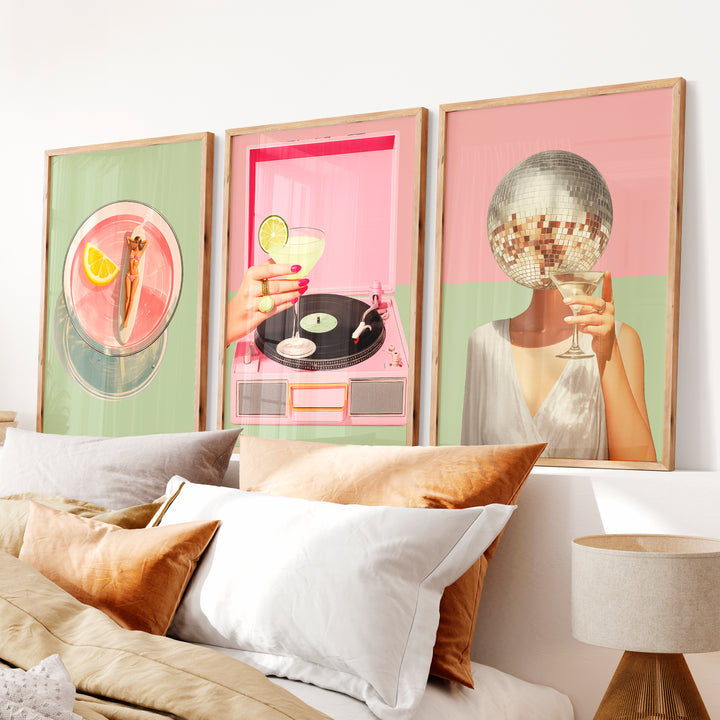 Cocktails and Disco cool retro wall art - Natural Wood Framed Poster No Border - Artworksets