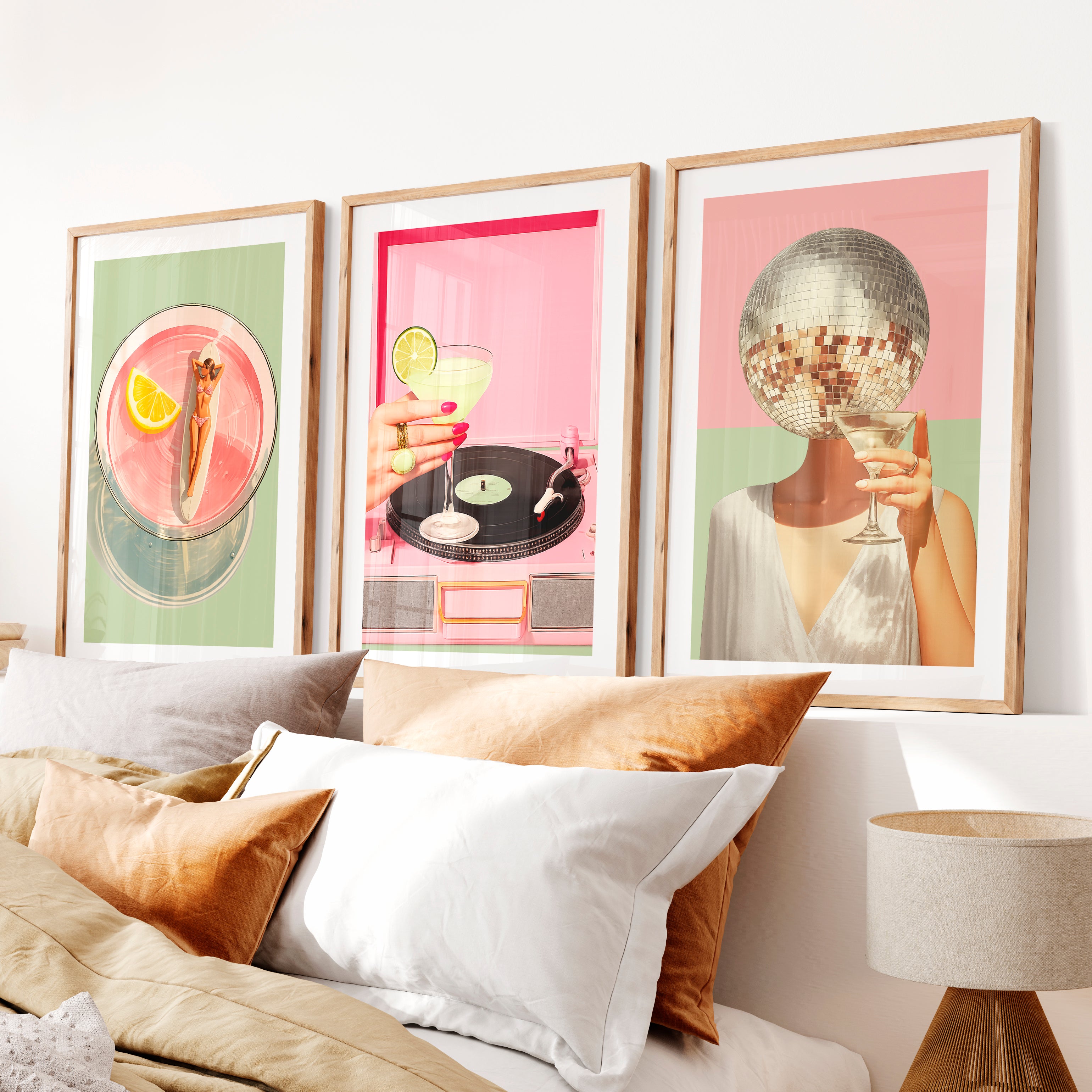 Cocktails and Disco cool retro wall art- Natural Wood Framed Poster with White Border - Artworksets