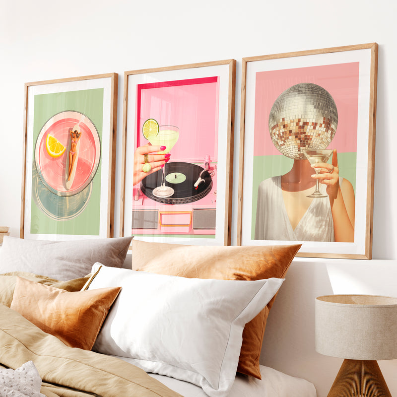 Cocktails and Disco cool retro wall art- Natural Wood Framed Poster with White Border - Artworksets