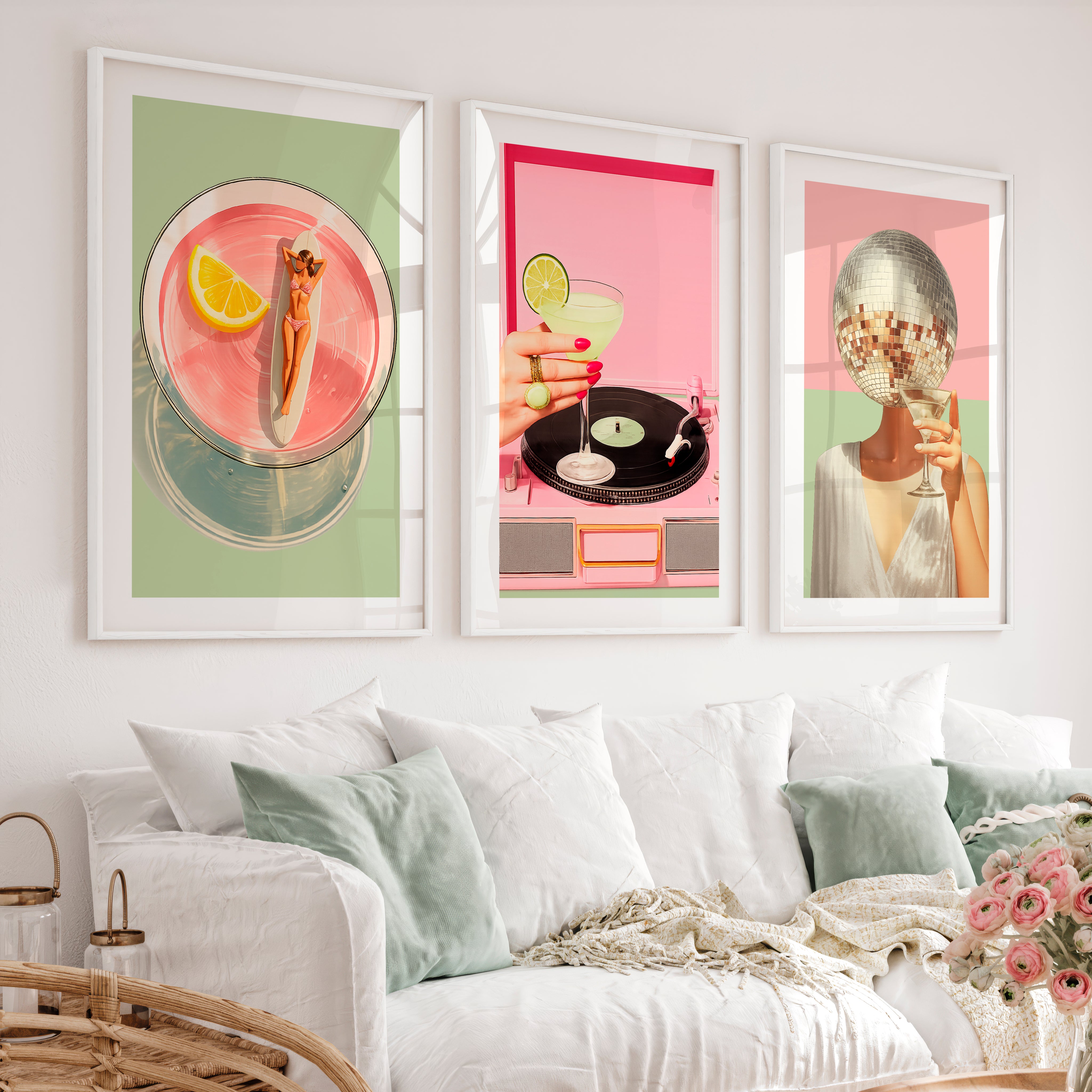 Cocktails and Disco cool retro wall art - White Framed Poster with White Border - Artworksets
