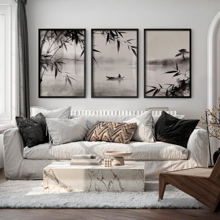 Misty Bamboo River Art for dark japandi interior design - Black Framed Poster No Border - Artworksets
