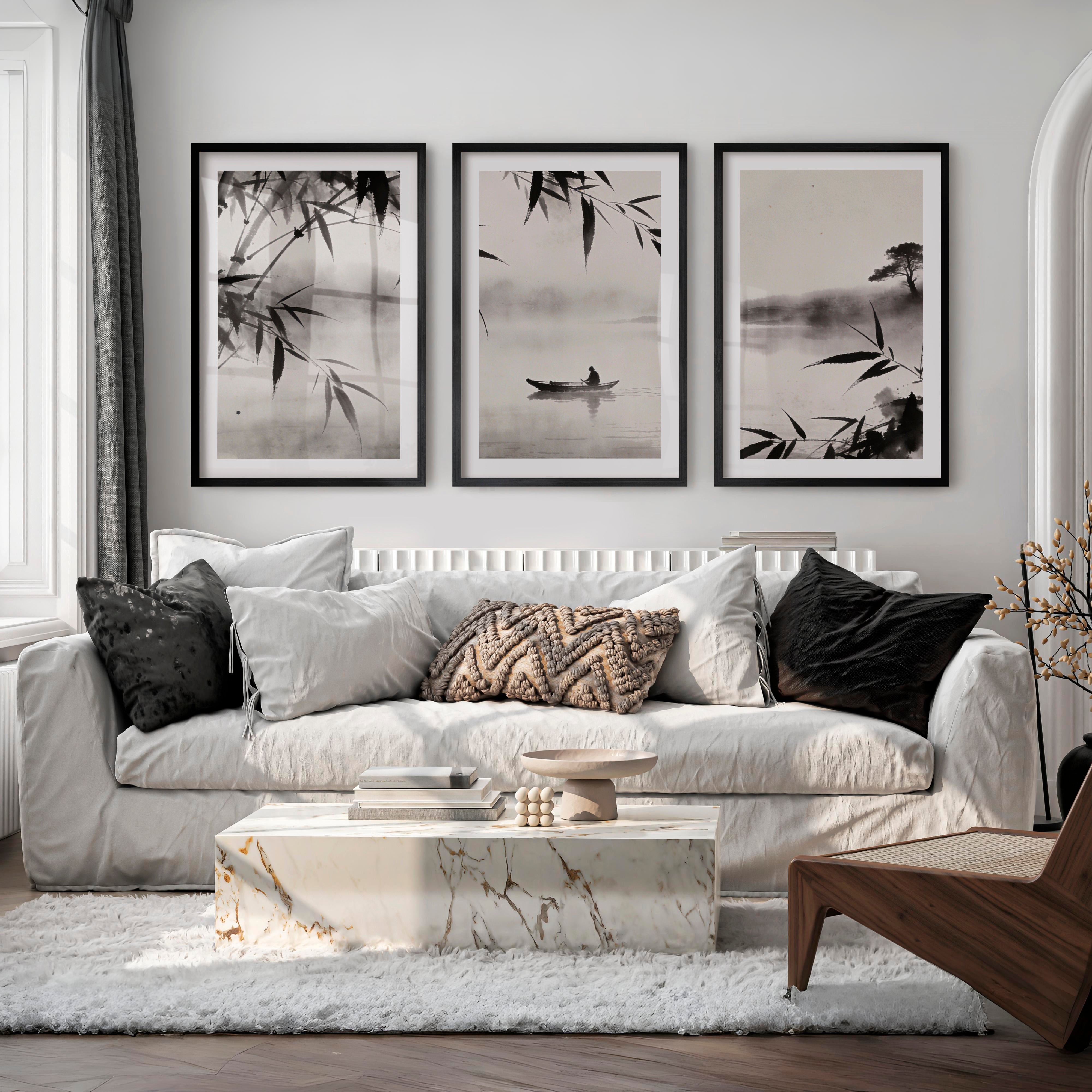 Misty Bamboo River Art for dark japandi interior design - Black Framed Poster with White Border - Artworksets