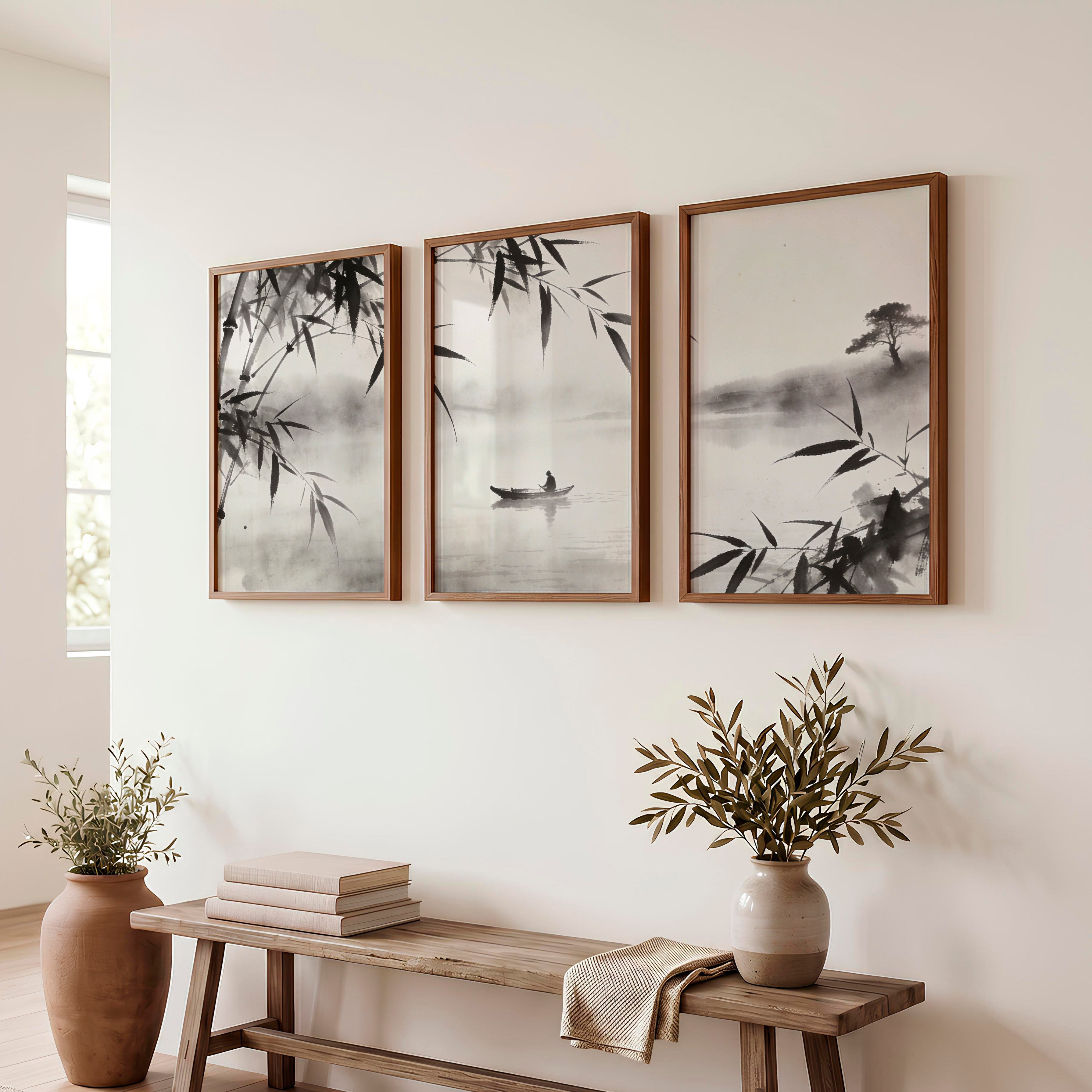Misty Bamboo River Art for dark japandi interior design - Dark Brown Framed Poster No Border - Artworksets