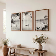 Misty Bamboo River Art for dark japandi interior design - Dark Brown Framed Poster No Border - Artworksets