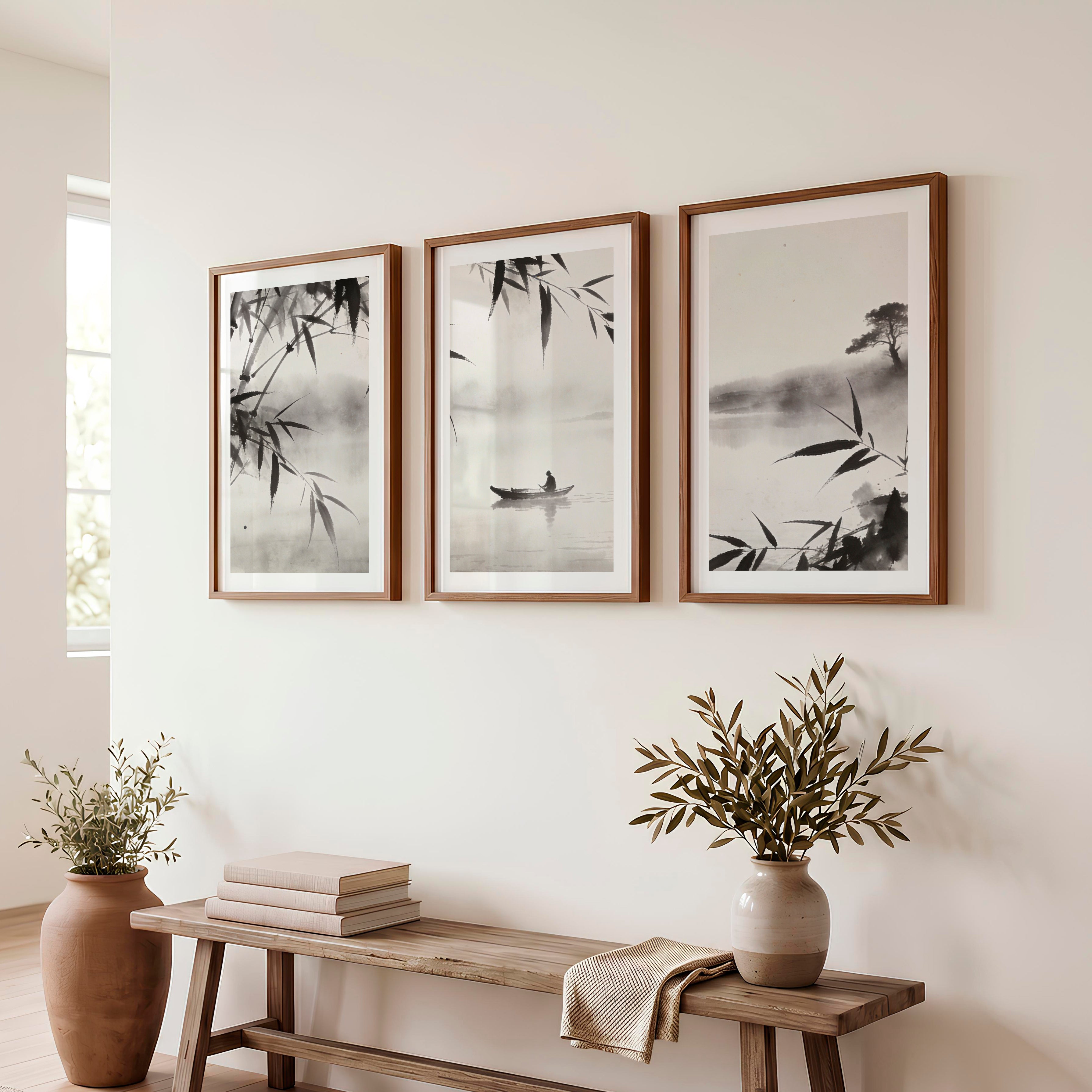 Misty Bamboo River Art for dark japandi interior design - Dark Brown Framed Poster with White Border - Artworksets