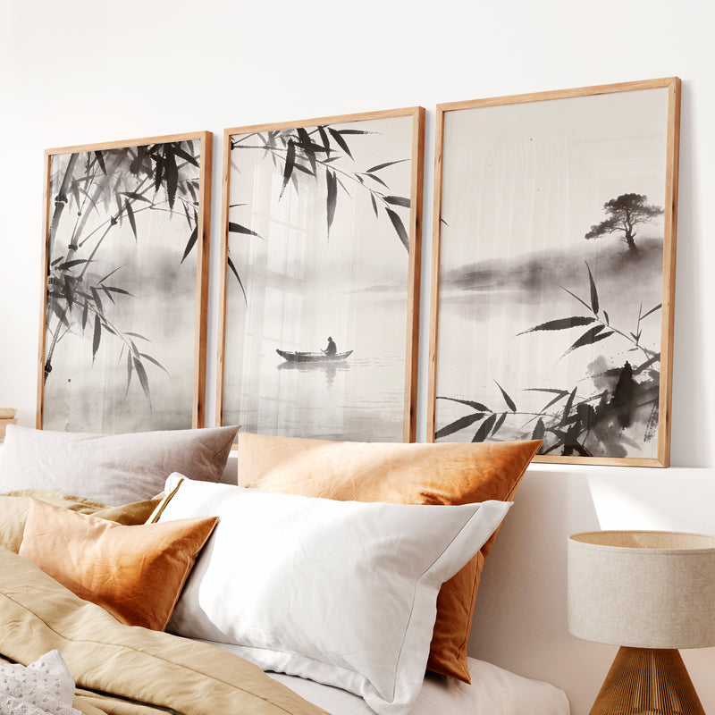 Misty Bamboo River Art for dark japandi interior design - Natural Wood Framed Poster No Border - Artworksets