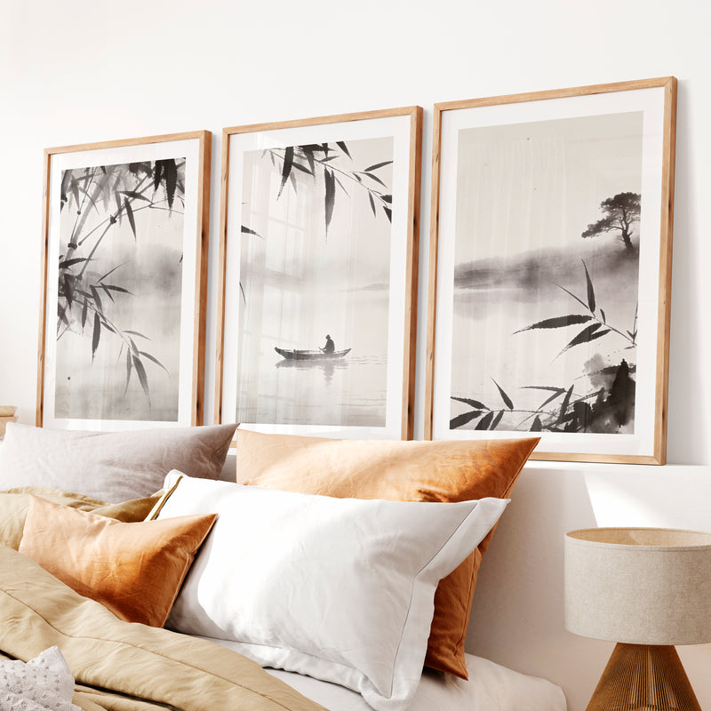 Misty Bamboo River Art for dark japandi interior design- Natural Wood Framed Poster with White Border - Artworksets