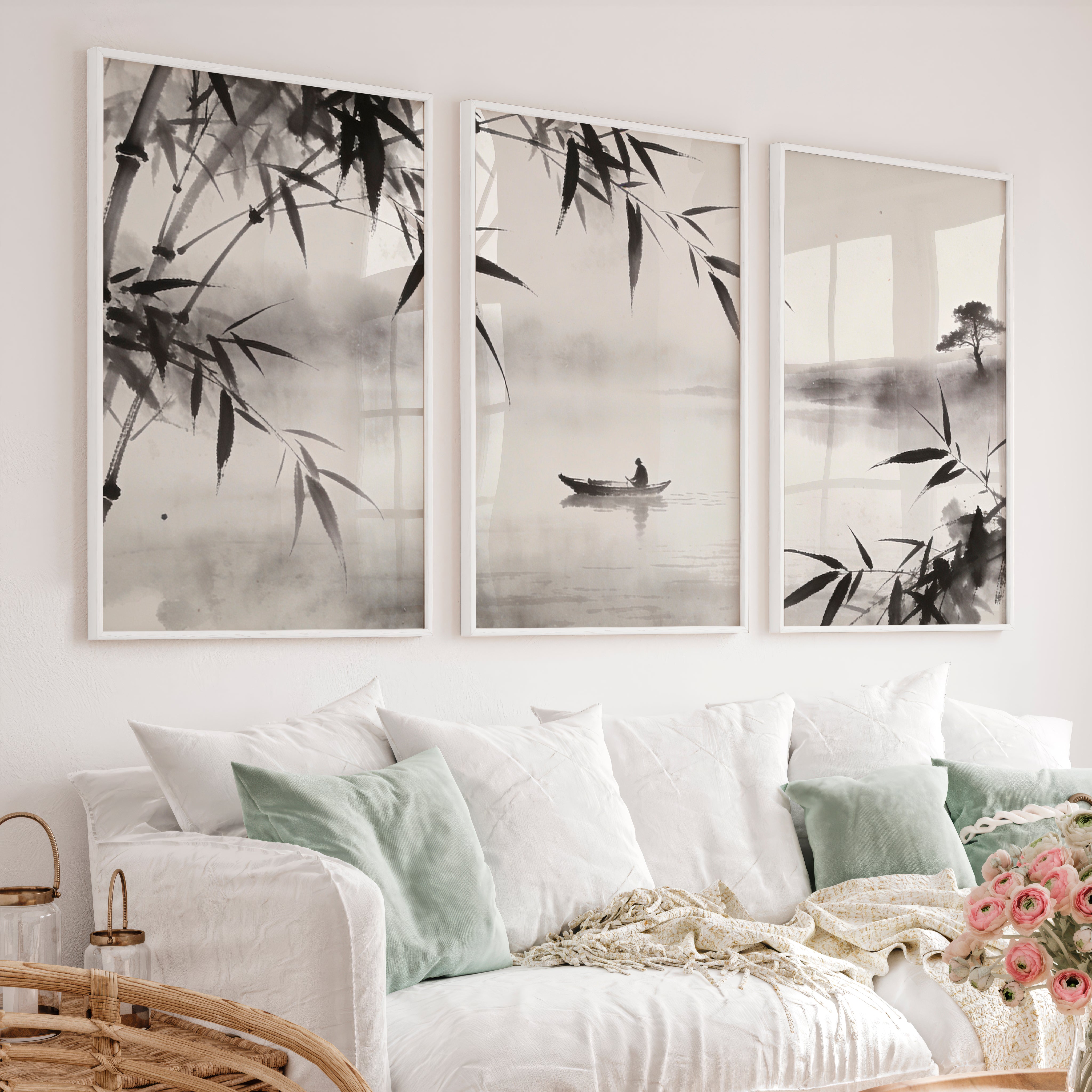 Misty Bamboo River Art for dark japandi interior design - White Framed Poster No Border - Artworksets