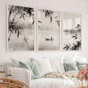 Misty Bamboo River Art for dark japandi interior design - White Framed Poster No Border - Artworksets