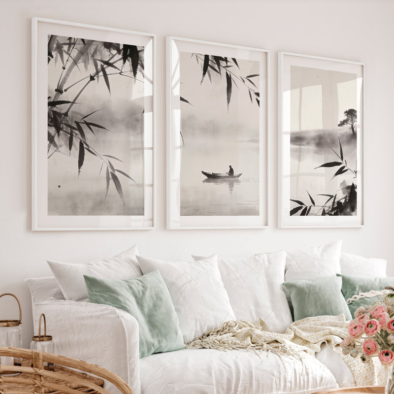 Misty Bamboo River Art for dark japandi interior design - White Framed Poster with White Border - Artworksets