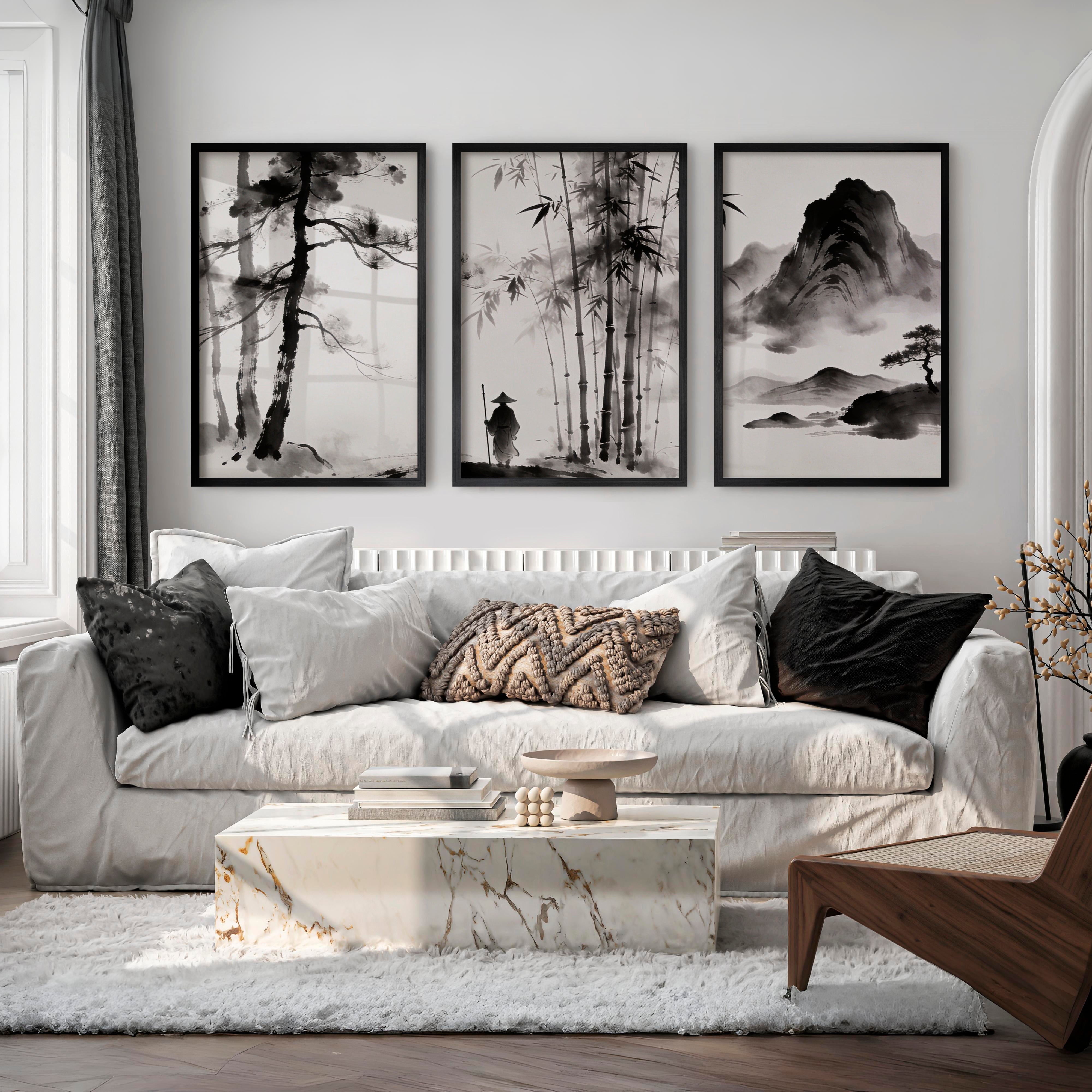 Bamboo Mountain Ink Painting for dark japandi interior design - Black Framed Poster No Border - Artworksets