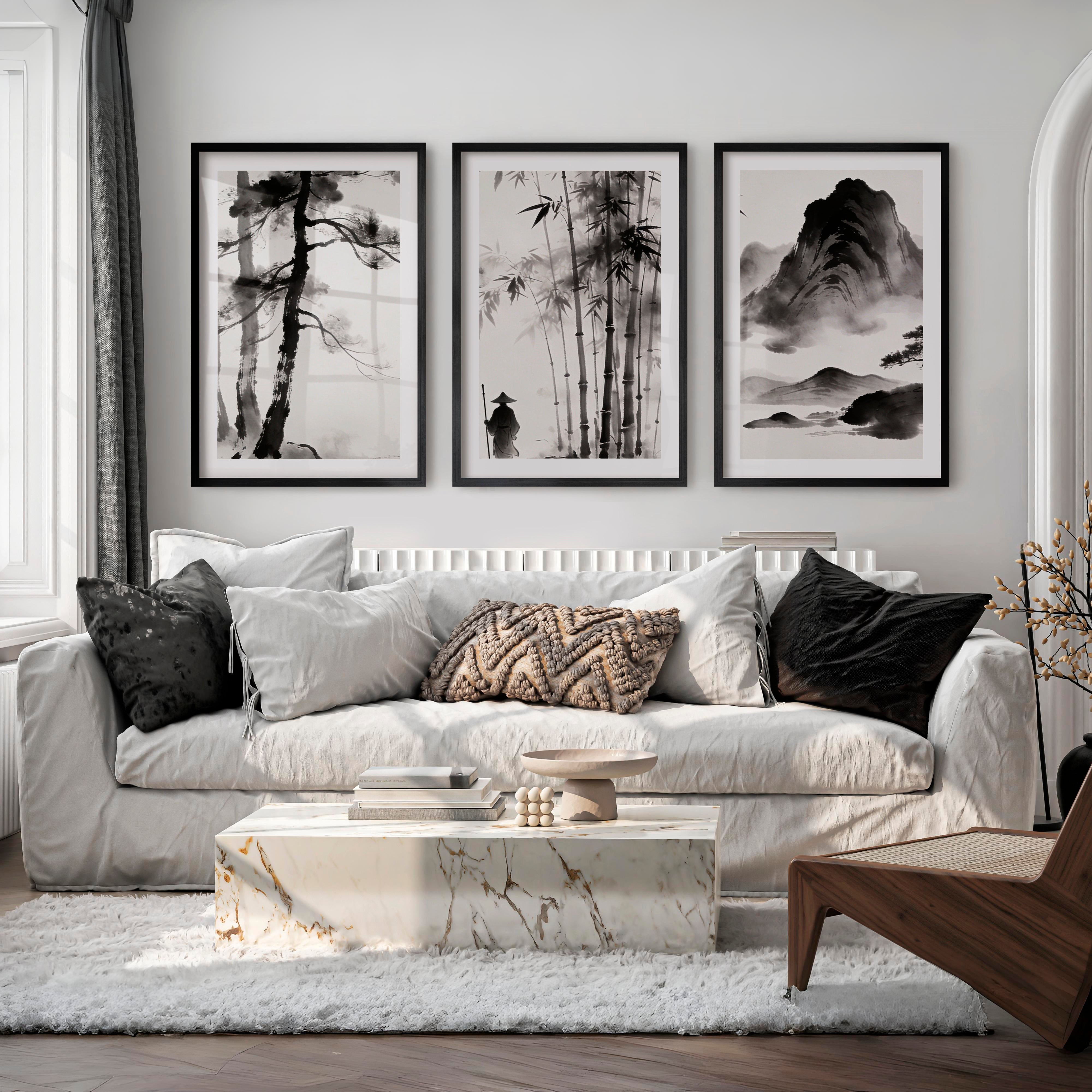 Bamboo Mountain Ink Painting for dark japandi interior design - Black Framed Poster with White Border - Artworksets